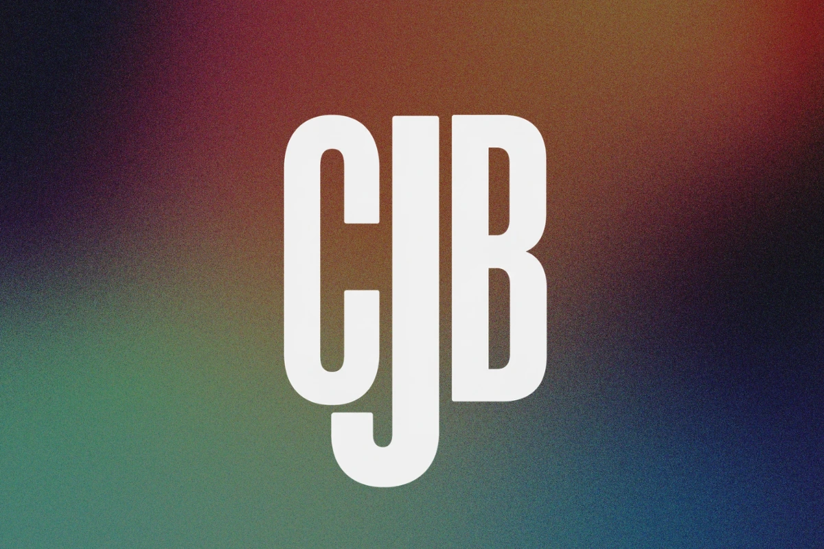 The CJB monogram in cream letters over a grainy gradient of plum, rust, sage green and slate blue