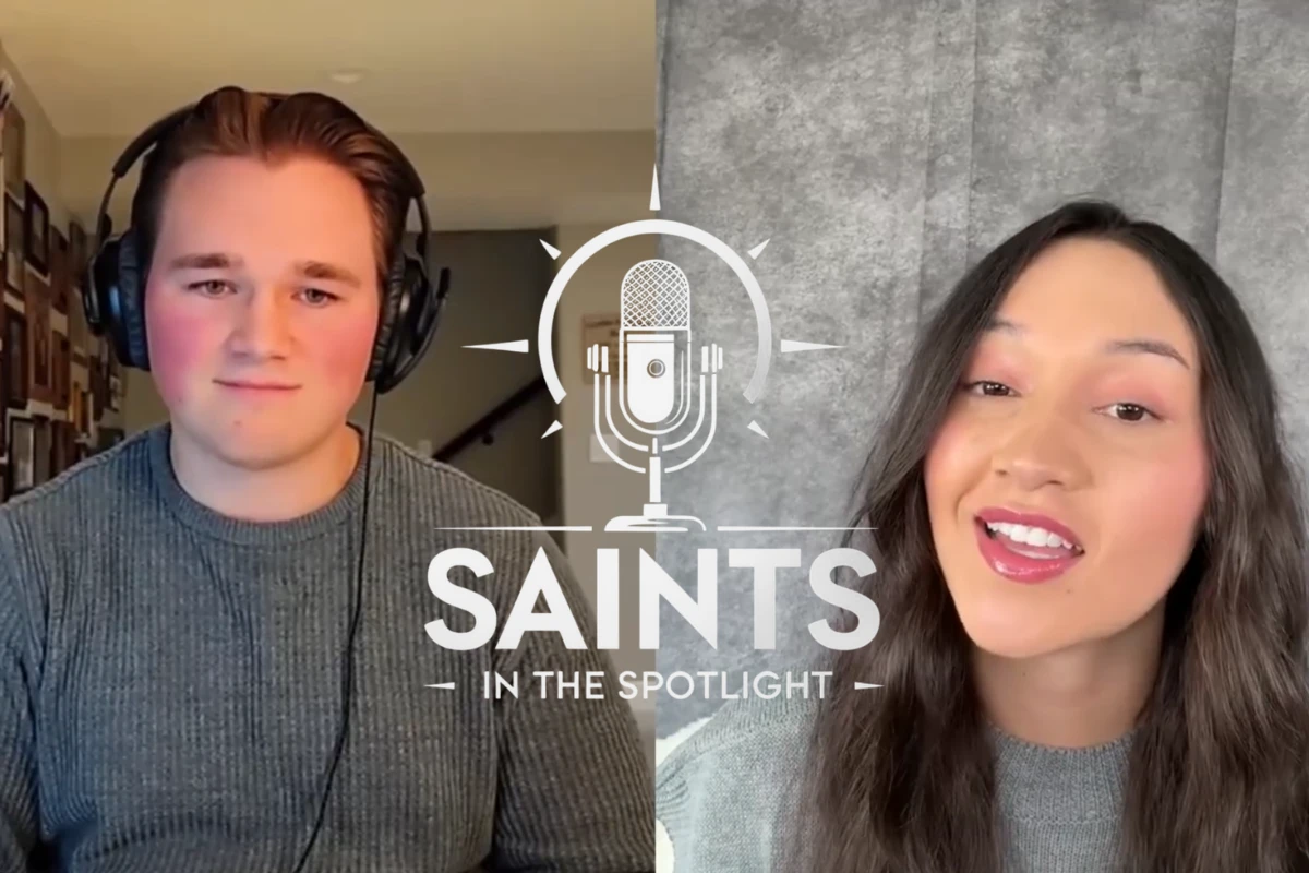 Corwin and Liahona Olayan recording an episode of Saints in the Spotlight