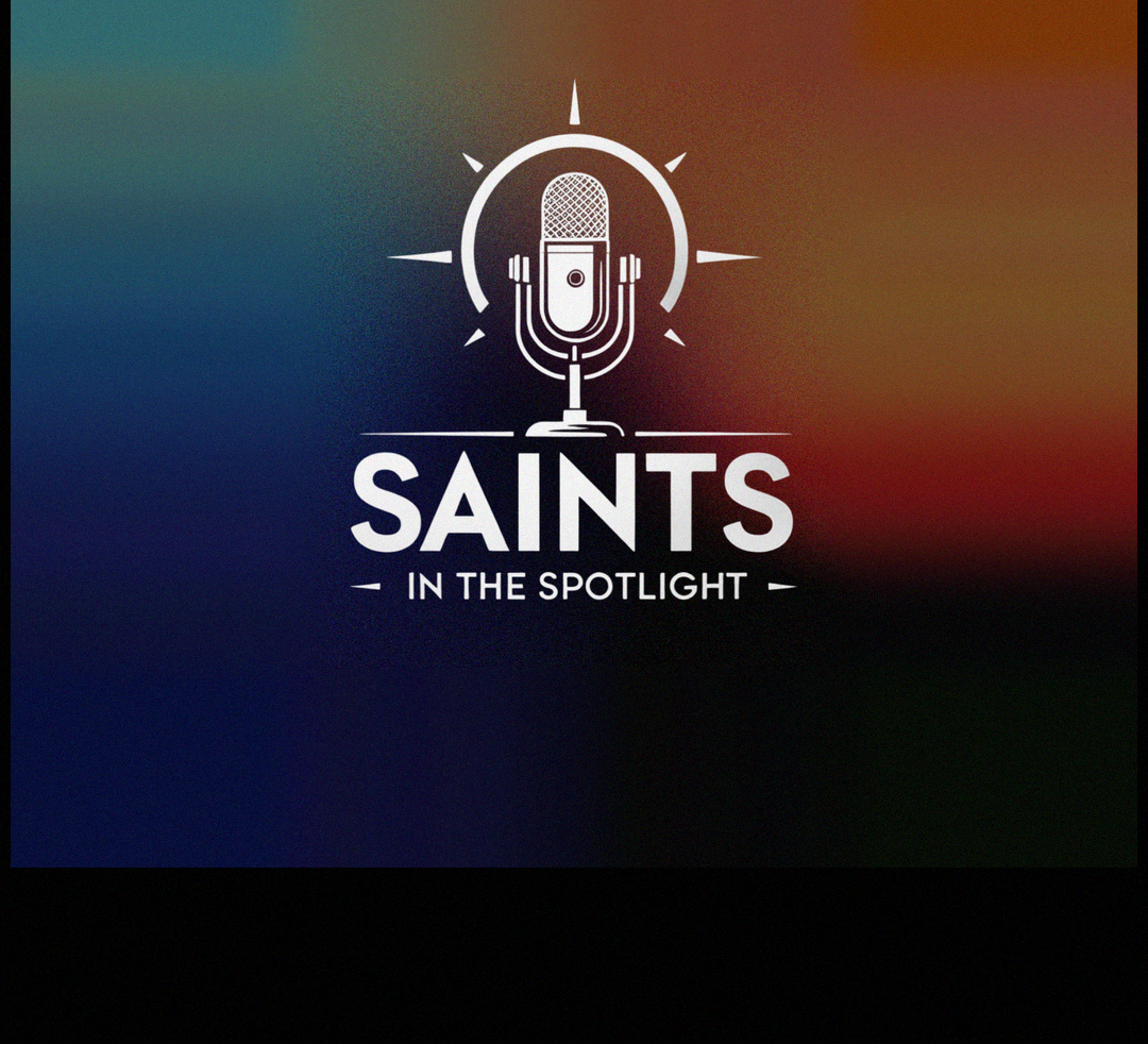 Saints in the Spotlight: a vintage microphone inside a halo of light rays above the words Saints in the Spotlight