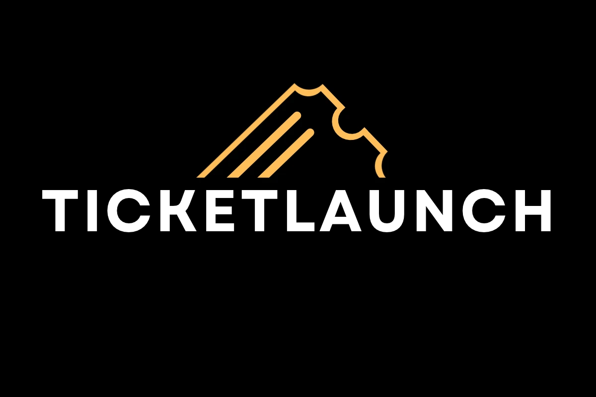 The TicketLaunch logo: a golden ticket angled upward like a rocket, above the word TICKETLAUNCH in white on black